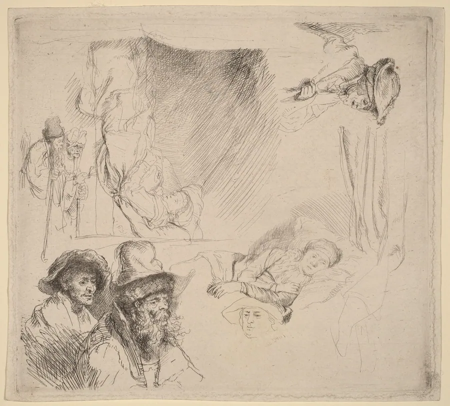 Sheet of Studies including a Woman Lying Ill in Bed by Rembrandt van Rijn