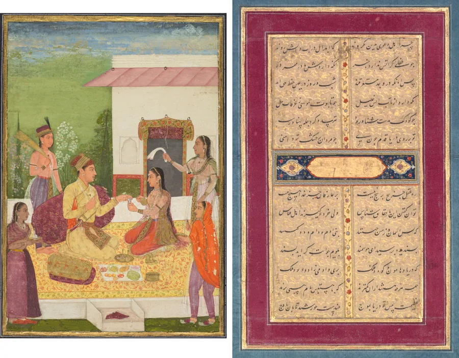 A prince conversing with a woman while taking refreshments on a terrace (recto); Calligraphy (verso)