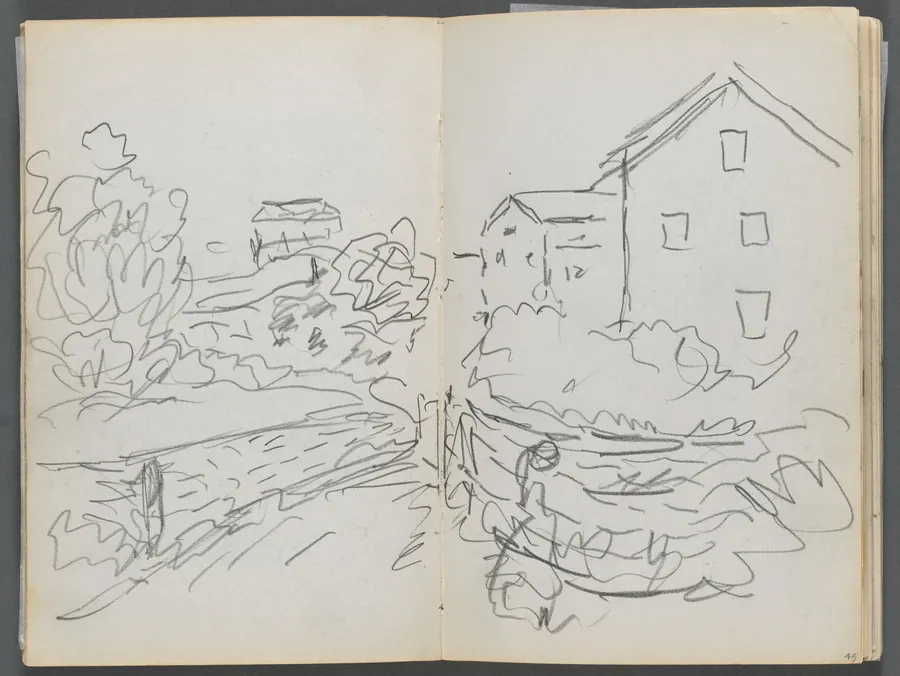 Sketchbook, The Dells, N° 127, page 044 & 45: Landscape with Houses by Maurice Prendergast