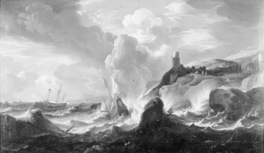Skibe som knuses mod en klippekyst by Friedrich Wilhelm Boehme