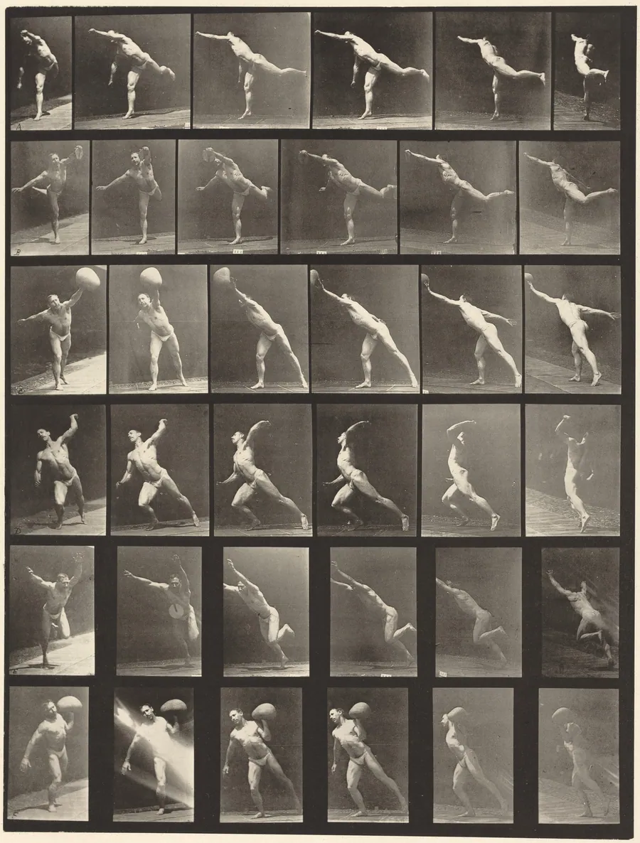 Plate Number 523. A: Striking a blow. B, E: Throwing disk. C, F: Heaving a 75-lb. stone. D: Throwing a ball by Eadweard Muybridge