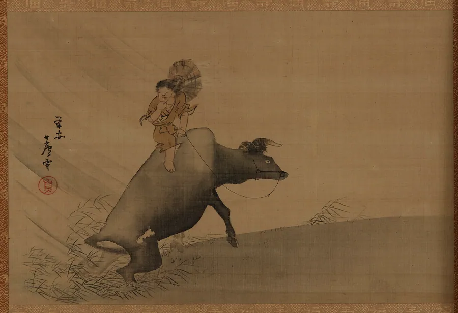 Herdboy on a water-buffalo in a rainstorm by Nagasawa Rosetsu 長澤蘆雪 (1754-1799)