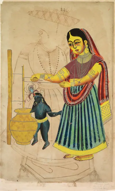Yasoda Churning Butter (verso), from a Kalighat album