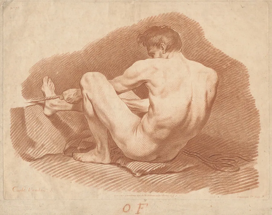 Seated Nude Man, Seen from Behind, Pulling a Rope by Gilles Demarteau the Elder