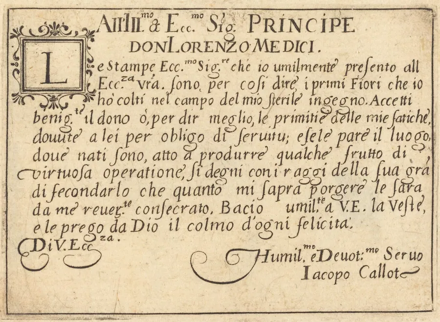 Dedication to Don Lorenzo de' Medici by Jacques Callot
