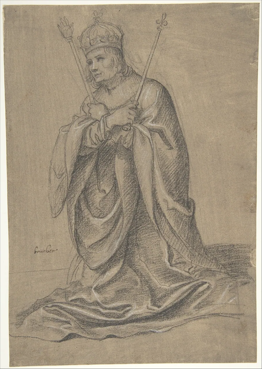 A Kneeling King of France Holding the Scepters of Royal Authority by Jean Boucher
