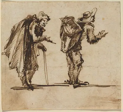 An Old Man with a Cape and a Rustic with a Backpack