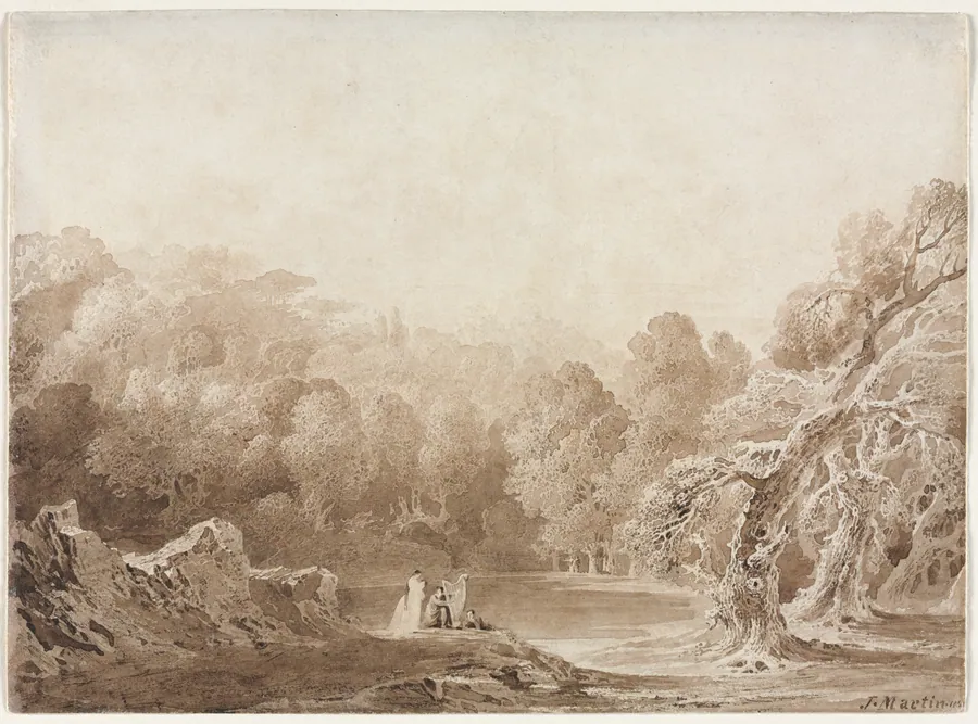 A Man Playing a Harp with other Figures beside a Lake by John Martin