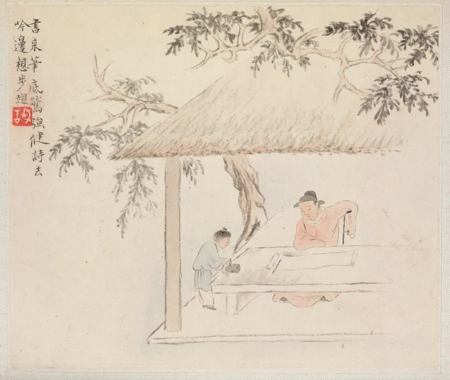 Album of Landscape Paintings Illustrating Old Poems: A Scholar at a Table with a Servant aside Preparing the Ink by Hua Yan