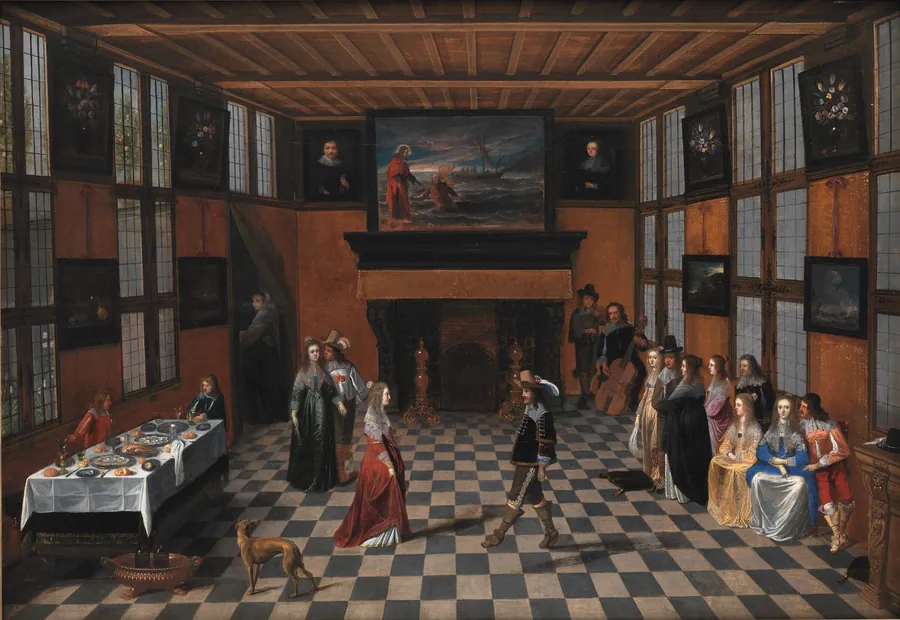 Selskab med dansende par i interiør by Christoffel Jacobsz. van der Laemen