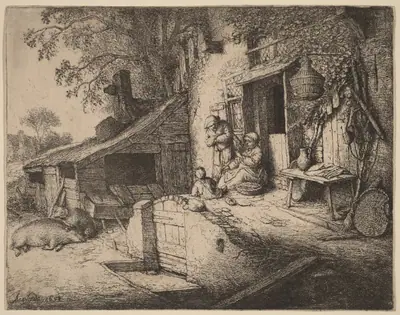 Farmstead wtih a Peasant Family Outside the Front Door, the Woman Spinning