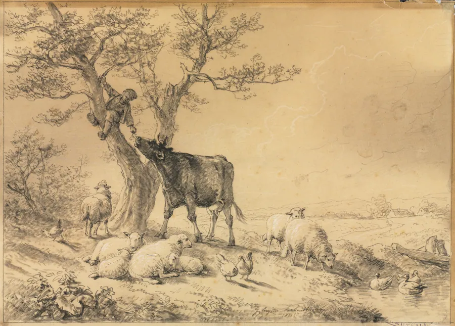 Landscape with Animals and Boy in Tree by Eugène Joseph Verboeckhoven