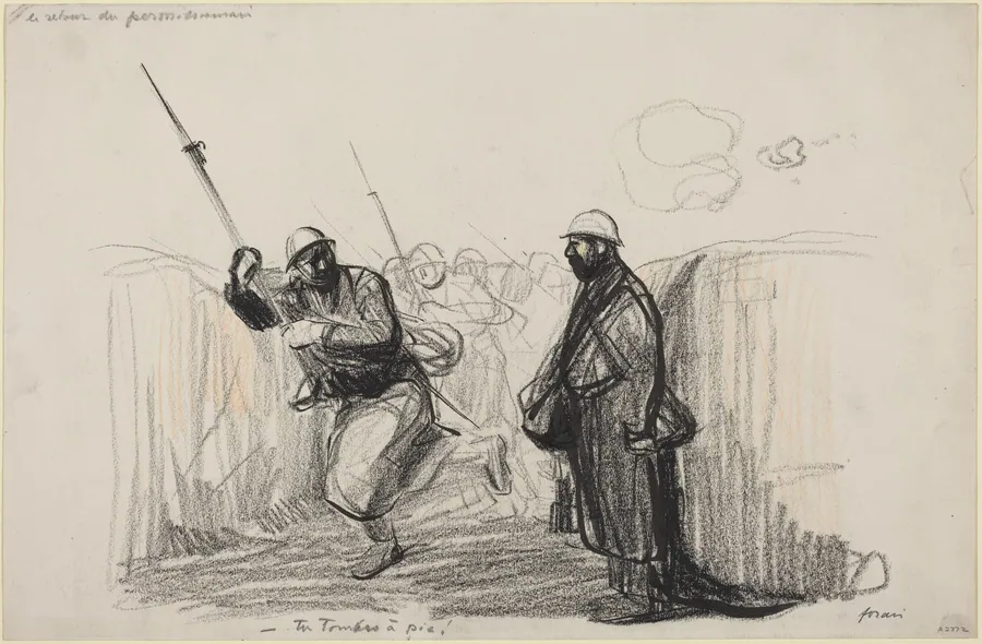Le retour du permissionnaire.  -Tu Tombes a pie! by Jean-Louis Forain