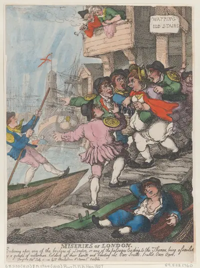 Miseries of London: Entering upon any of the bridges of London or any of the passages leading to the Thames being assailed by a group of watermen holding up their hands and bawling out. Oars Sculls. Sculls. Oars. Oars.