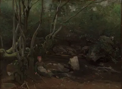 Lormes: Goat-Girl Sitting Beside a Stream in a Forest