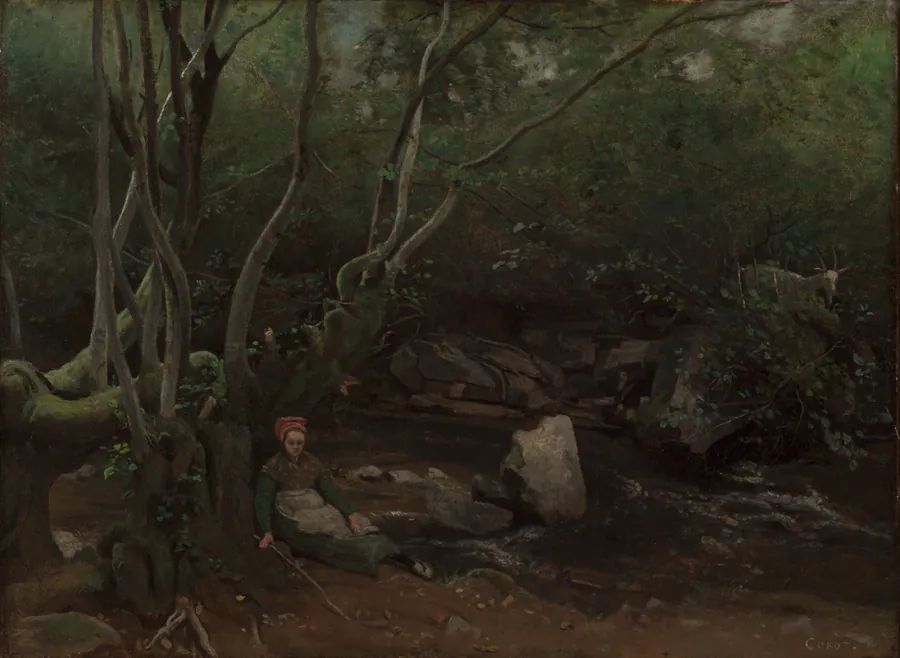 Lormes:  Goat-Girl Sitting Beside a Stream in a Forest by Jean Baptiste Camille Corot