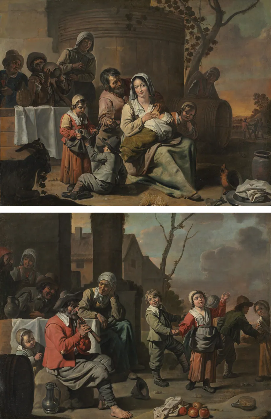 Vintage Scene and Peasant Children Dancing (painting pair) by Le Nain