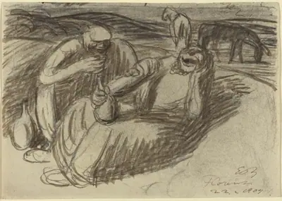 Italian Peasants with Wine Flasks