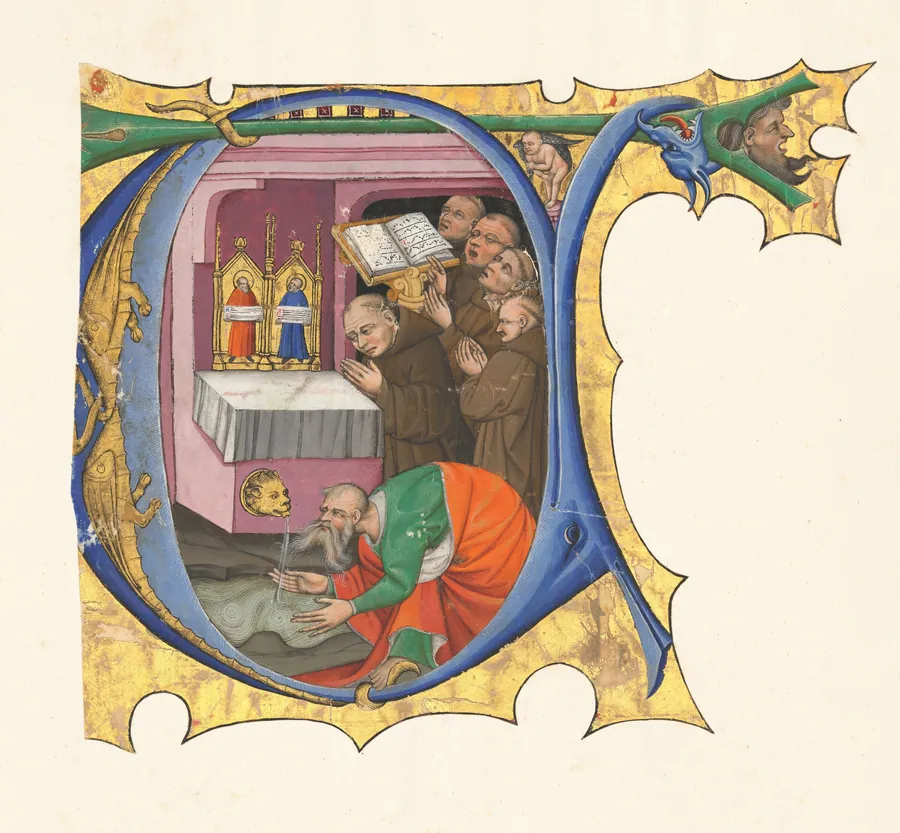 Initial T with a group of Benedictine monks singing before an altar from which issues water by Master of the Cypresses