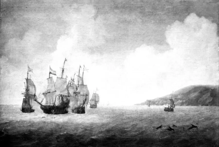 Et søslag mellem hollandske og spanske linieskibe by Abraham de Verwer
