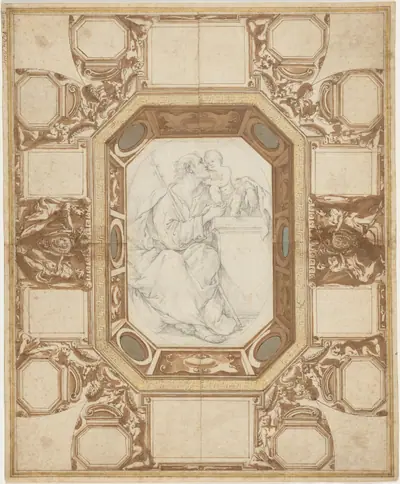 Ceiling with Allegorical Figures and the Arms of Pope Sixtus V (Guerra's outer drawing); Saint Joseph and the Christ Child (Viani's central drawing)