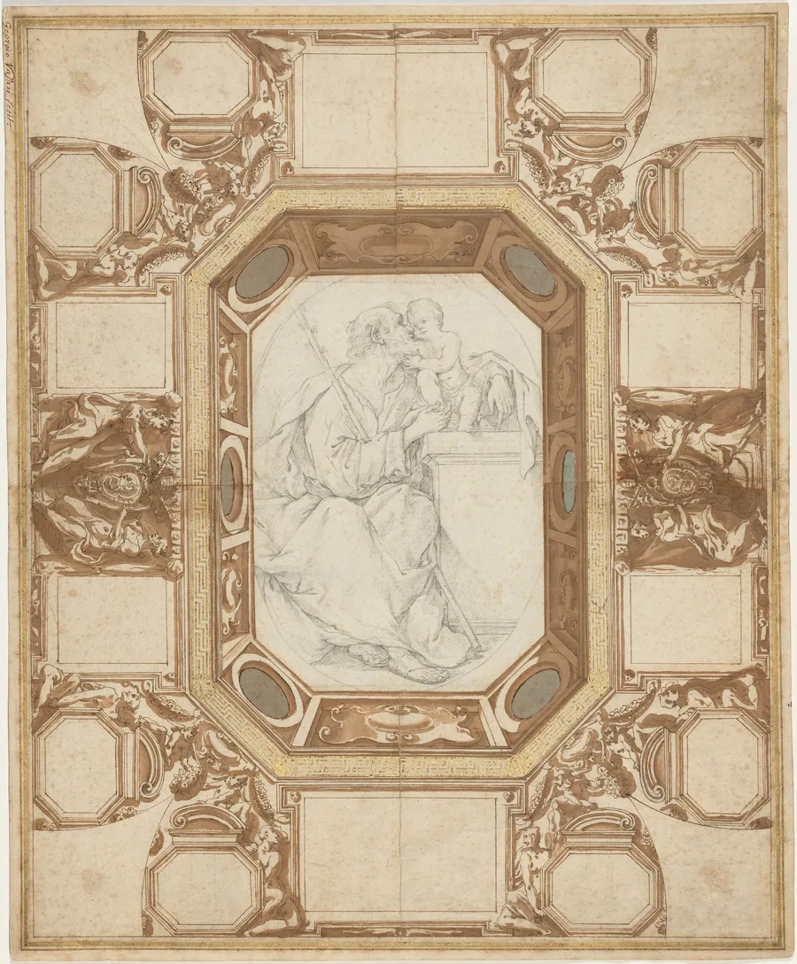 Ceiling with Allegorical Figures and the Arms of Pope Sixtus V (Guerra's outer drawing); Saint Joseph and the Christ Child (Viani's central drawing) by Giovanni Guerra