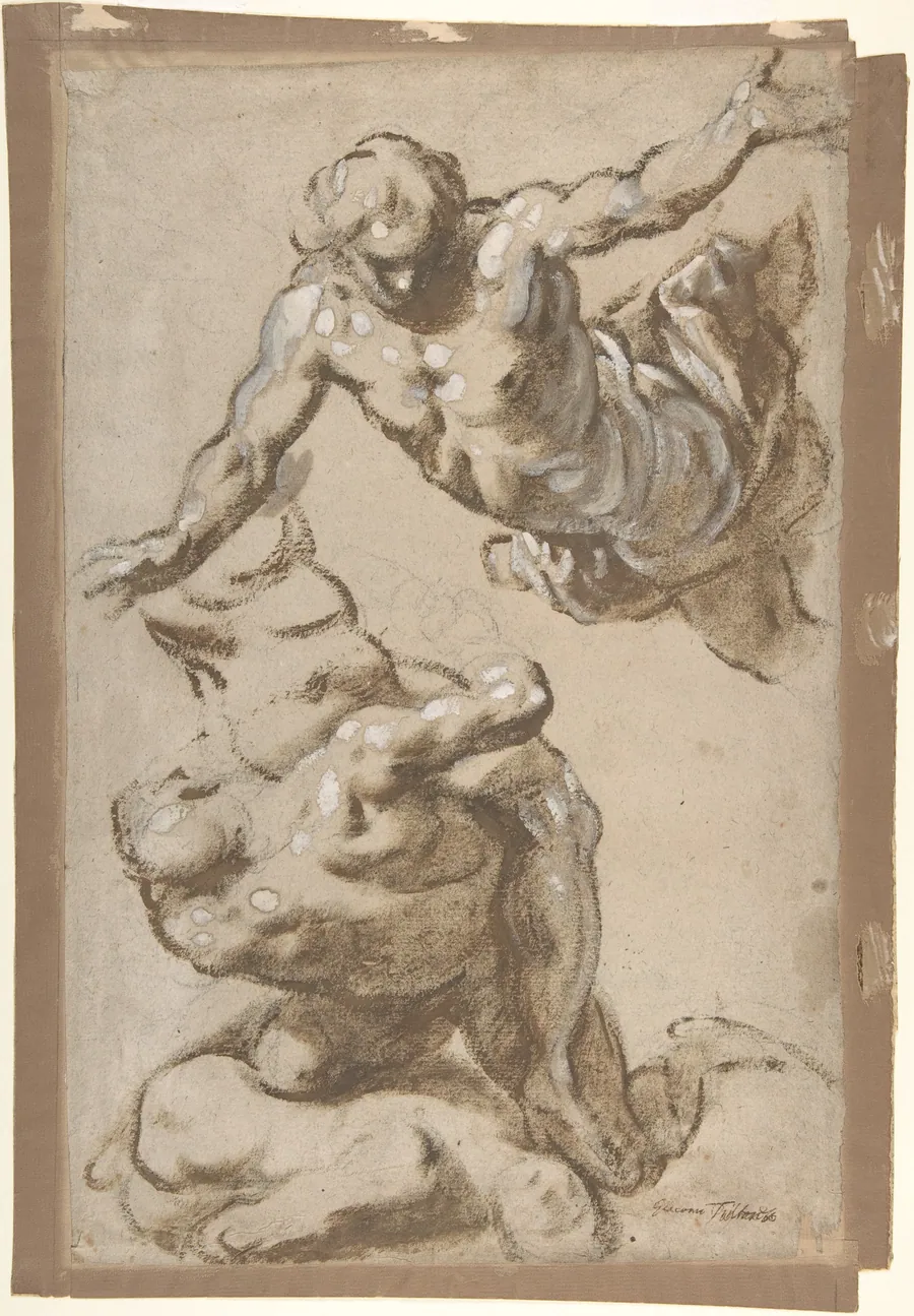 Studies for Four Figures (recto); Composition Sketches for Groupings of Figures on Clouds (verso) by Jacopo Palma the Younger