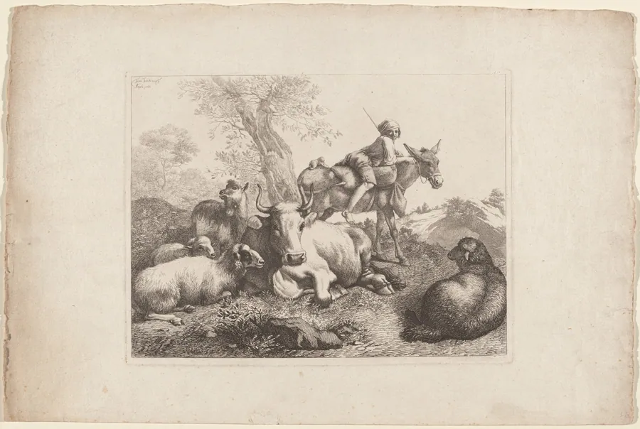 Boy on a Donkey Watching over a Group of Animals by Francesco Londonio