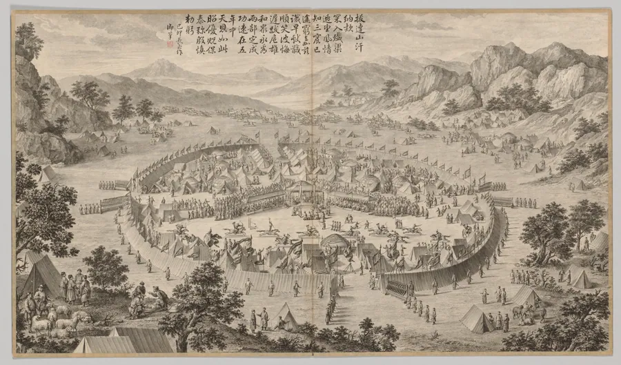 Khan of Bada Shan Presenting Tribute: from Battle Scenes of the Quelling of Rebellions in the Western Regions, with Imperial Poems by Jean Damascene Sallusti