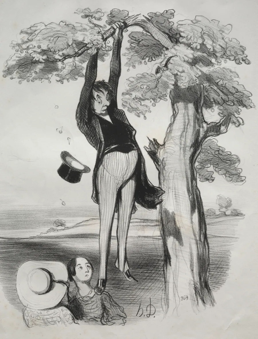 The hazards of shaking a plum tree too vigorously, when one too is mature. by Honoré Daumier