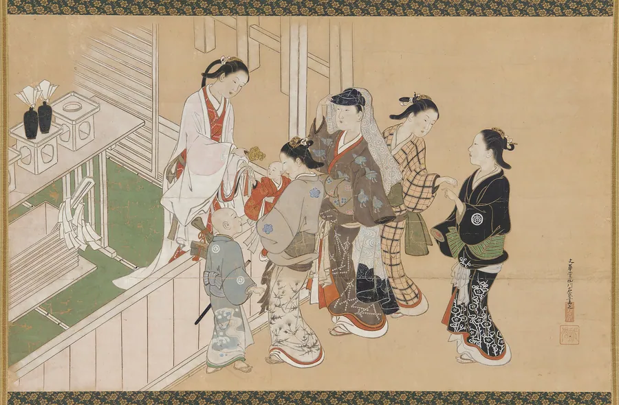 Infant's first visit to a Shinto shrine by Nishikawa Sukenobu 西川祐信 (1671-1751)