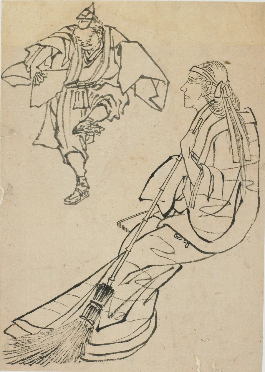 Old woman seated on bench before whom a man with fan dances by Katsushika Hokusai 葛飾北斎 (1760-1849)