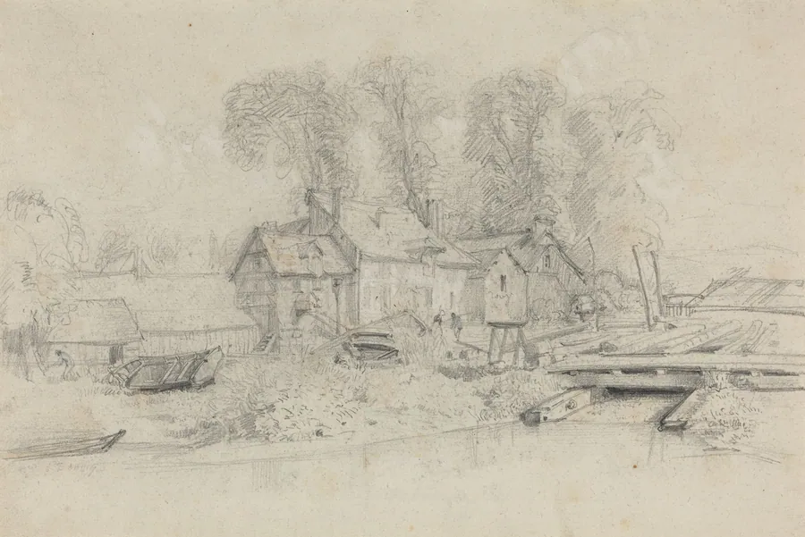 River Landscape with Buildings, Boats, and Figures by Eugène Boudin