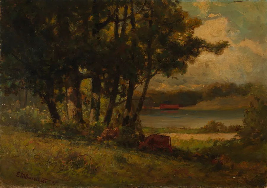 Untitled (landscape with cows grazing near river) by Edward Mitchell Bannister, born St. Andrews, New Brunswick, Canada 1828-died Providence, RI 1901