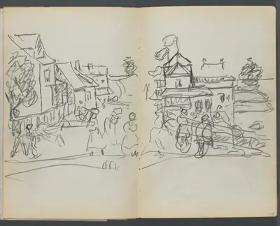 Sketchbook, The Dells, N° 127, page 174 & 175: Village with Houses and Road