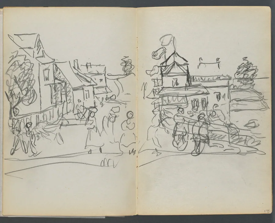 Sketchbook, The Dells, N° 127, page 174 & 175: Village with Houses and Road by Maurice Prendergast