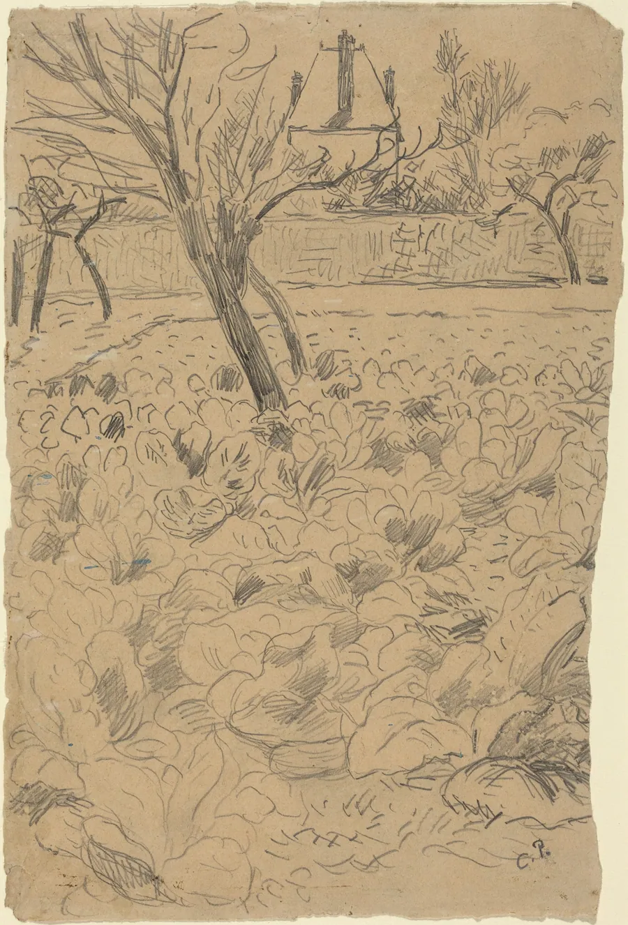 a) The Cabbage Field (Le Champ de choux); b) The Cabbage Field (Le Champ de choux) by Camille Pissarro