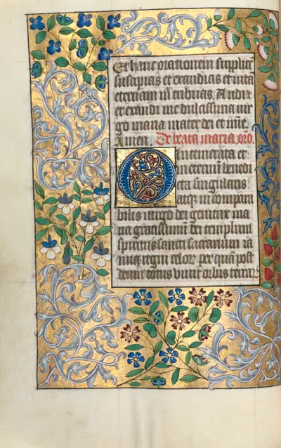Book of Hours (Use of Rouen): fol. 22v, Prayer to the Virgin, Large Initial O with Elaborate Border