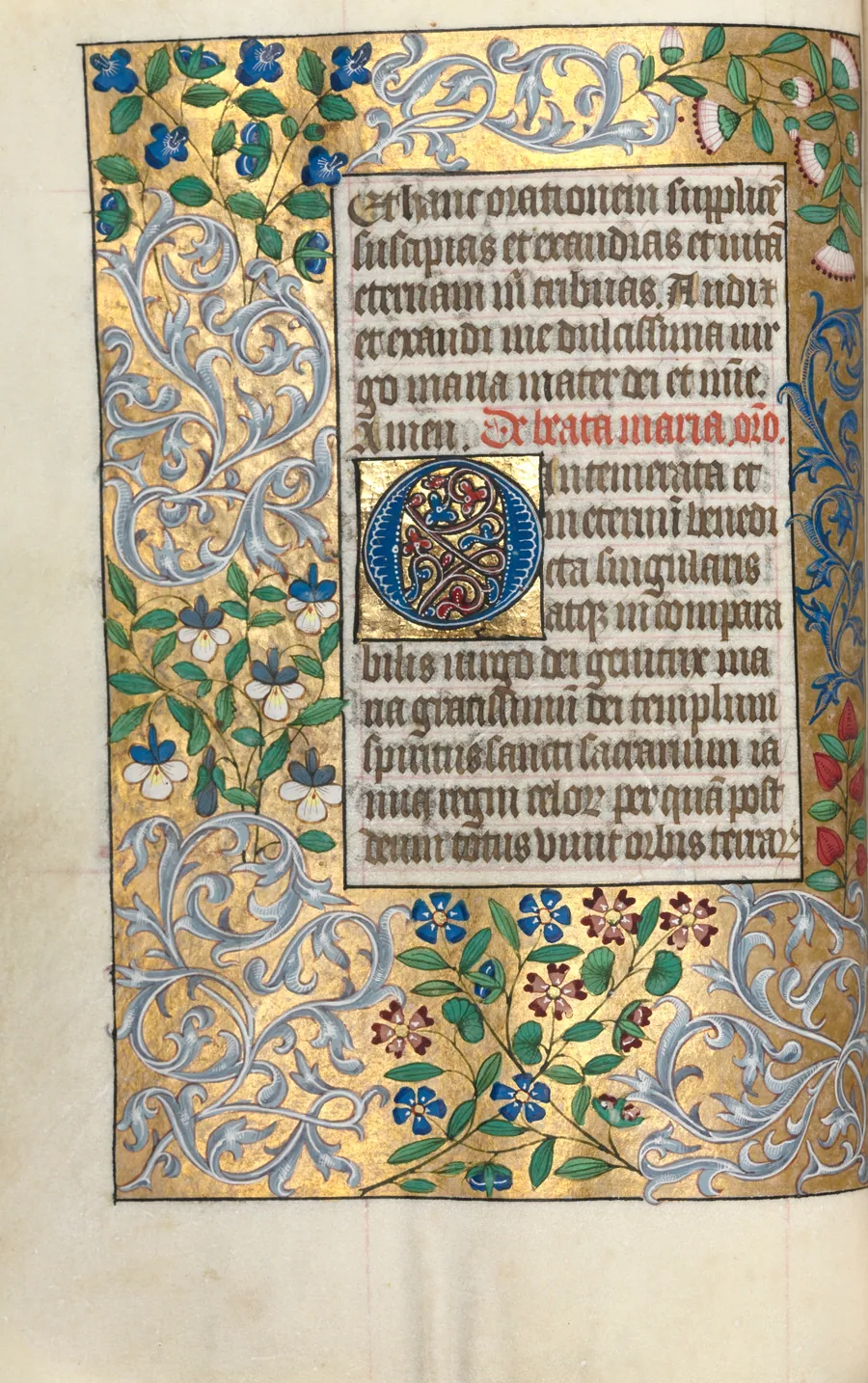 Book of Hours (Use of Rouen): fol. 22v, Prayer to the Virgin, Large Initial O with Elaborate Border by Master of the Geneva Latini