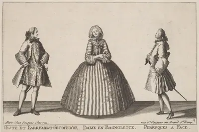 Veste et Parrement d'Etofe d'Or/Dame en Bagnolette/Perruques à Face