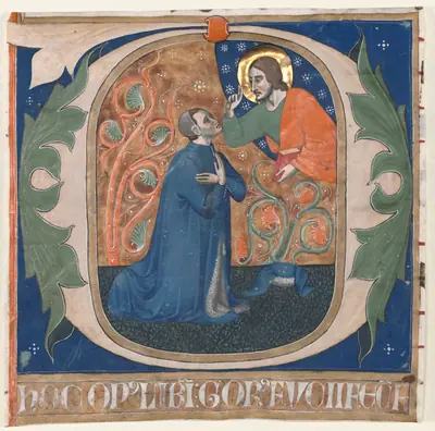 Historiated Initial (O) Excised from an Antiphonary: The Donor, Gorus Fucci, Kneels before Christ