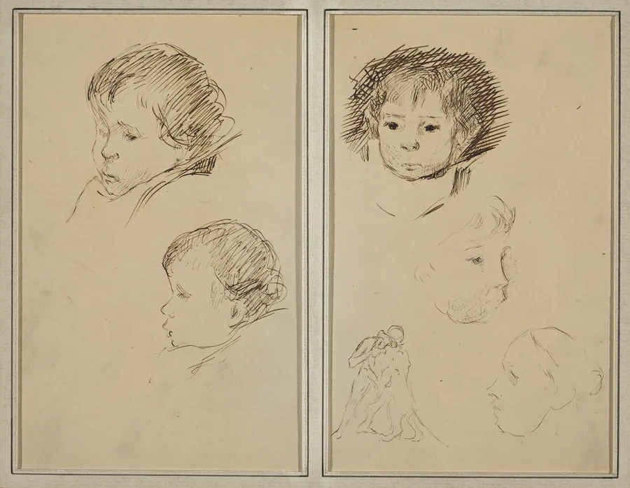 Two Studies of a Child's Head; Two Studies of a Child's Head, a Woman in Profile, and a Man Wrestling an Animal [recto] by Paul Gauguin