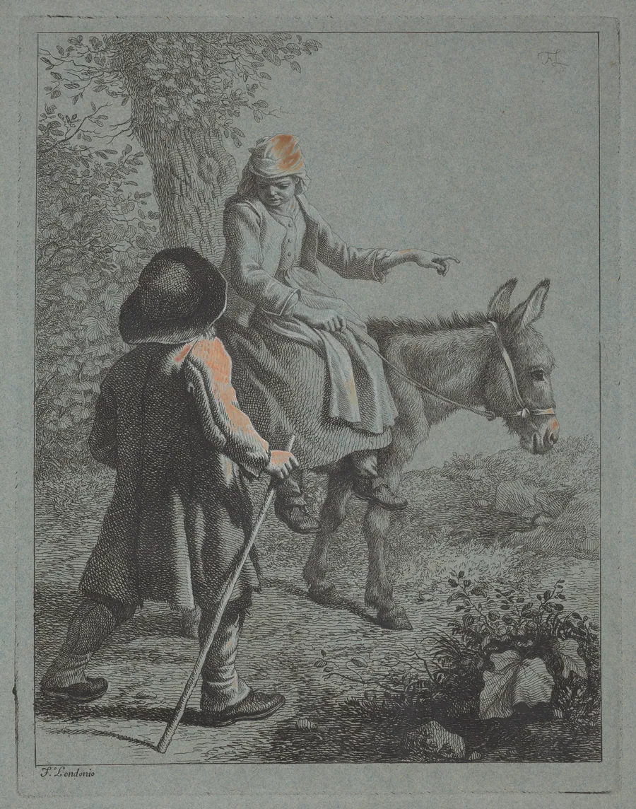 Peasant Woman Seated on a Donkey and a Peasant Man by Francesco Londonio