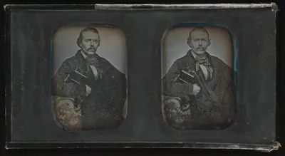[Stereoscopic Portrait of Man Holding Stereoscopic Viewer]