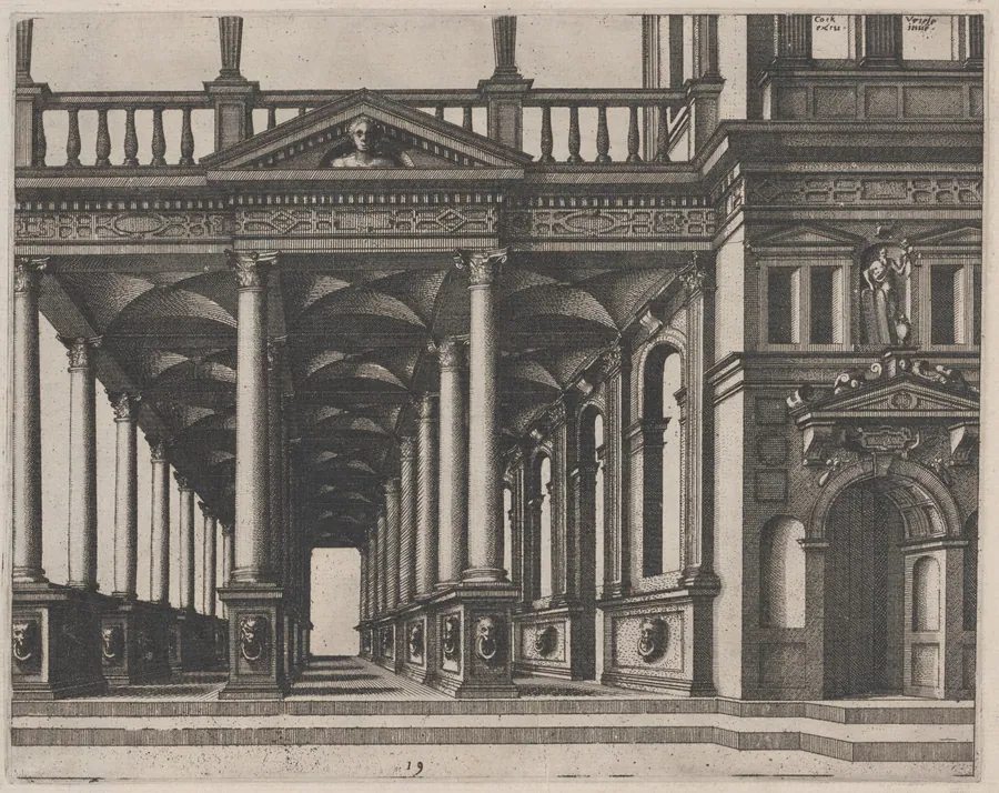 Open Hall Supported by Corinthian Columns by Lucas van Doetechum