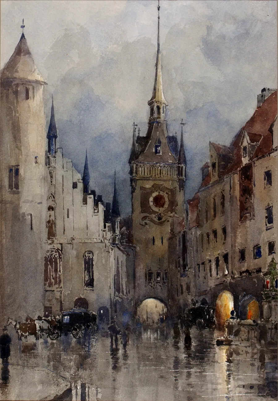 Street Scene in Munich by Ross Turner, born Westport, NY 1847-died Nassau, Bahamas 1915