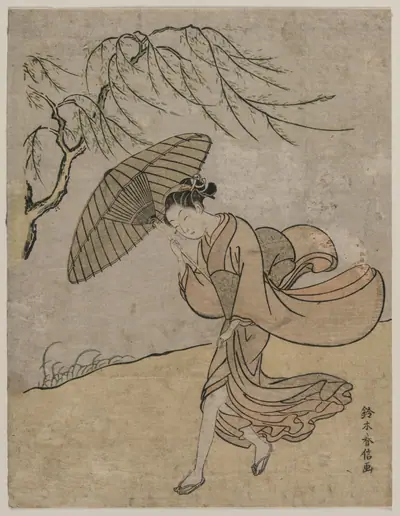 Woman Running Past a Willow Tree in a Breeze