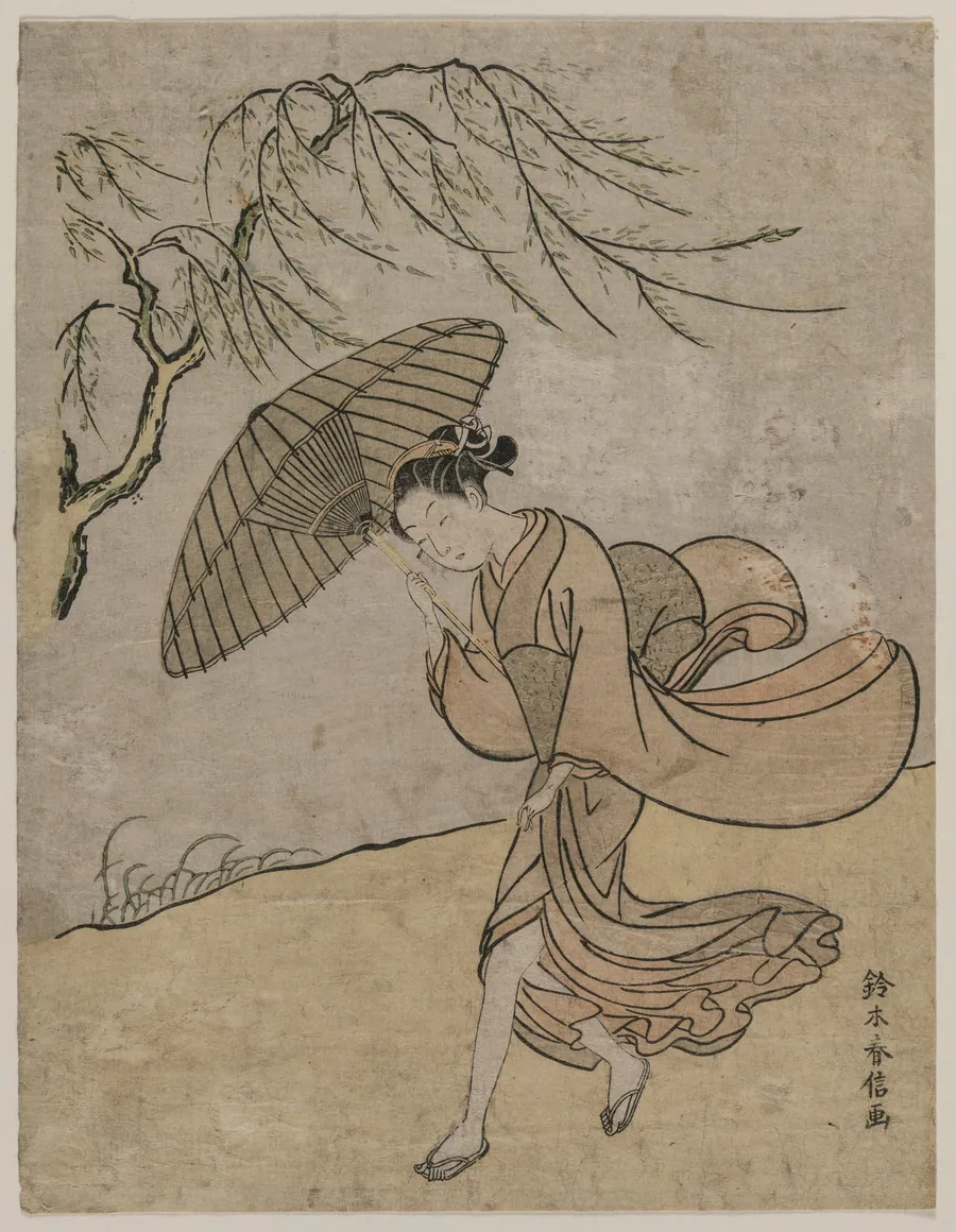 Woman Running Past a Willow Tree in a Breeze by Suzuki Harunobu