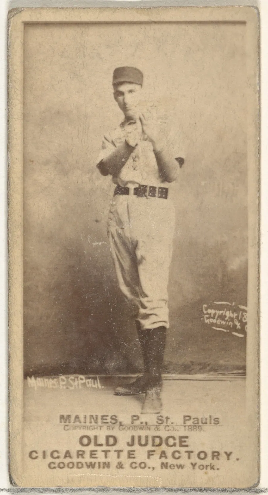 Willard Eben Mains, Pitcher, St. Paul Apostles, from the Old Judge series (N172) for Old Judge Cigarettes by Goodwin & Company