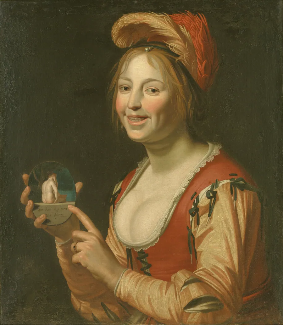 En leende pige, der fremviser et lille billede af en nøgen kvinde set bagfra by Jan van Bijlert